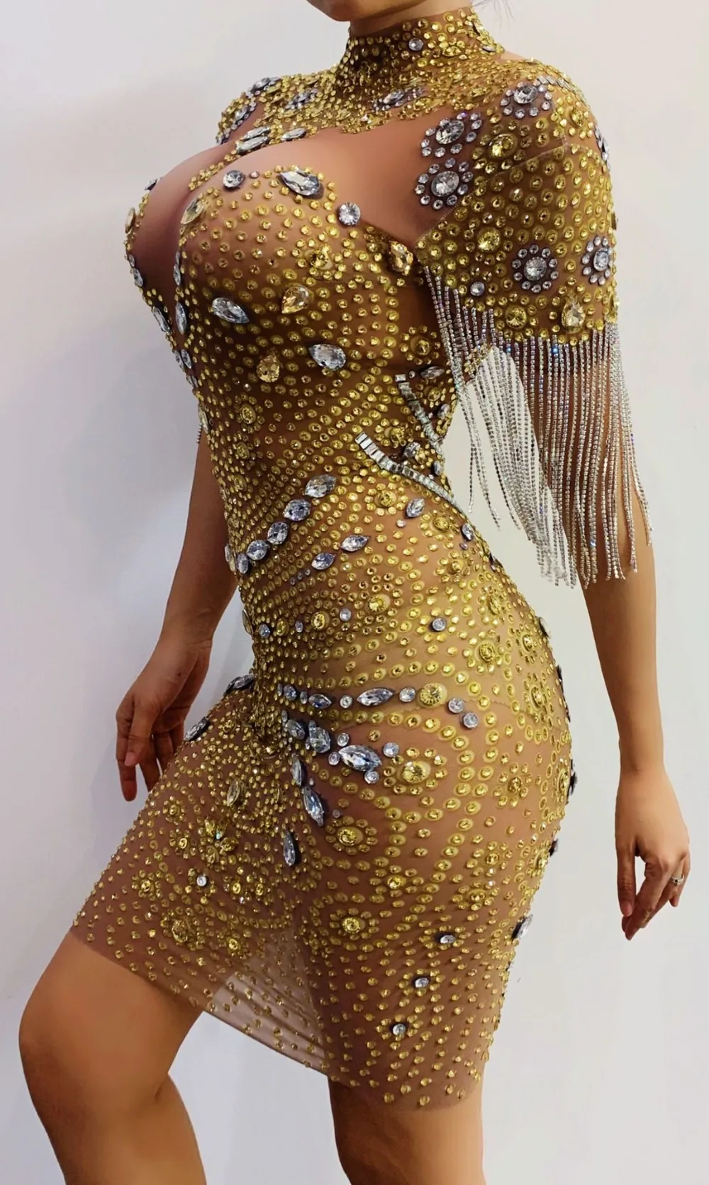 slim fit dress slacks Anna-Kaci Plus Size Sequin Ruched Sleeve Cocktail Dress - Yellow main image 0