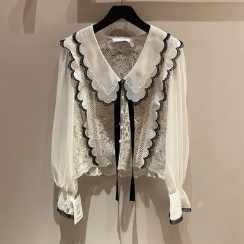 China good quality pure white pagoda sleeve ladies' blouses new bow lace v-neck long sleeve plus size women's blouses & shirts