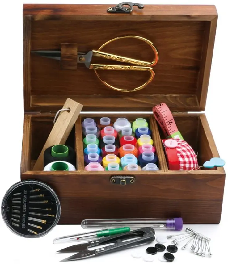  Wooden Sewing Basket with Sewing Kit Accessories