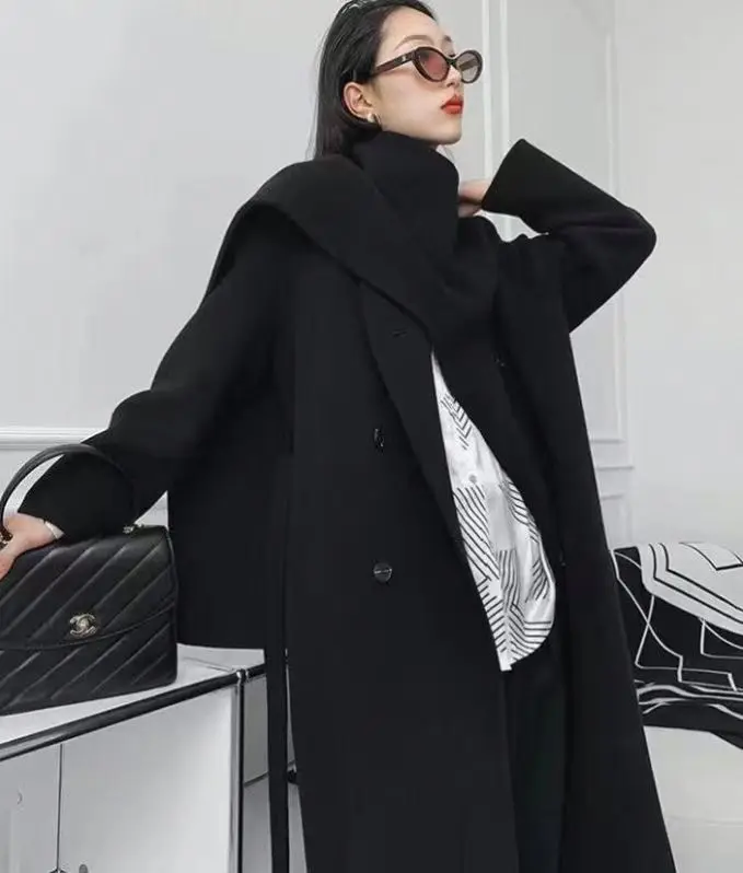 2024 New Coat Shawl Scarf Collar Double Breasted Solid Color Extended  Women's Double-Sided Woolen Coat