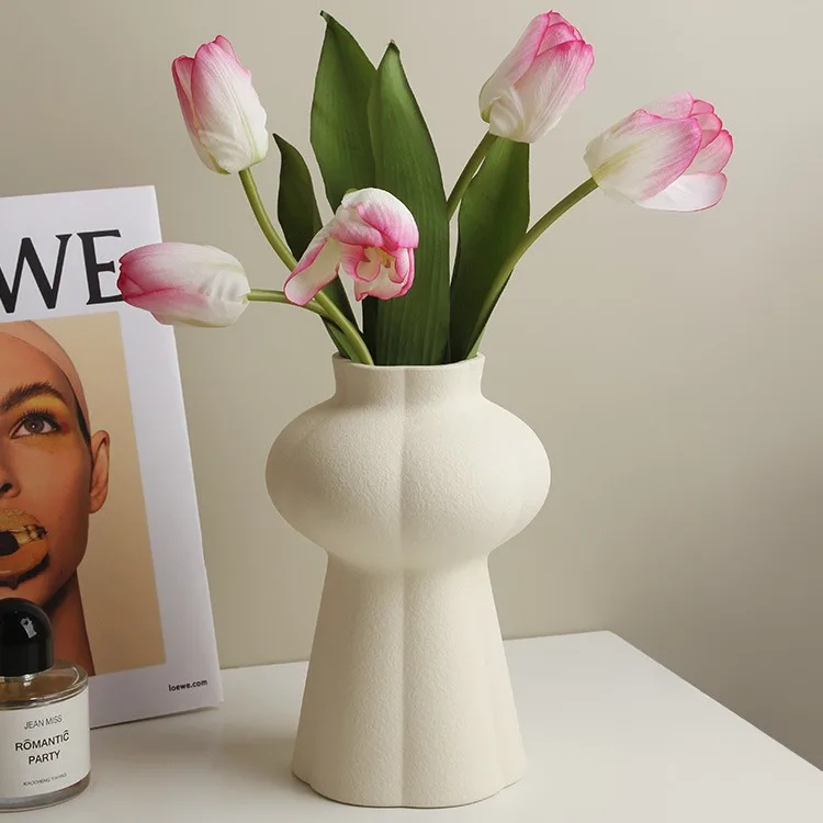 White Ceramic Vase with Textured Matte Finish Minimalist Modern Home Decor Living Room Flower Arrangement Tabletop Accent