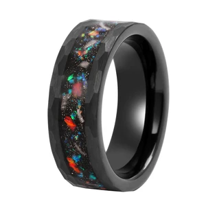 Tizti Jewelry Crushed Opal Inlay Tungsten Ring 8mm Personality Dome Black Jewelry Ring Hammered Meteorite Mens Wedding Bands