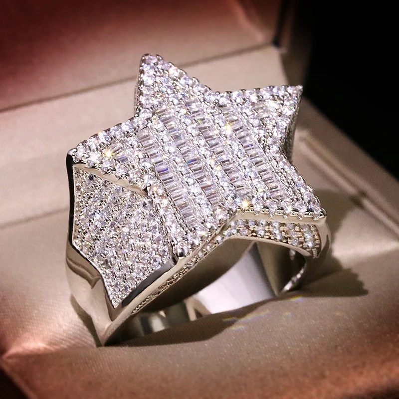 Custom Hip Hop Fully Iced Out VVS Baguette Moissanite Diamond Men Rings Custom Star Ring