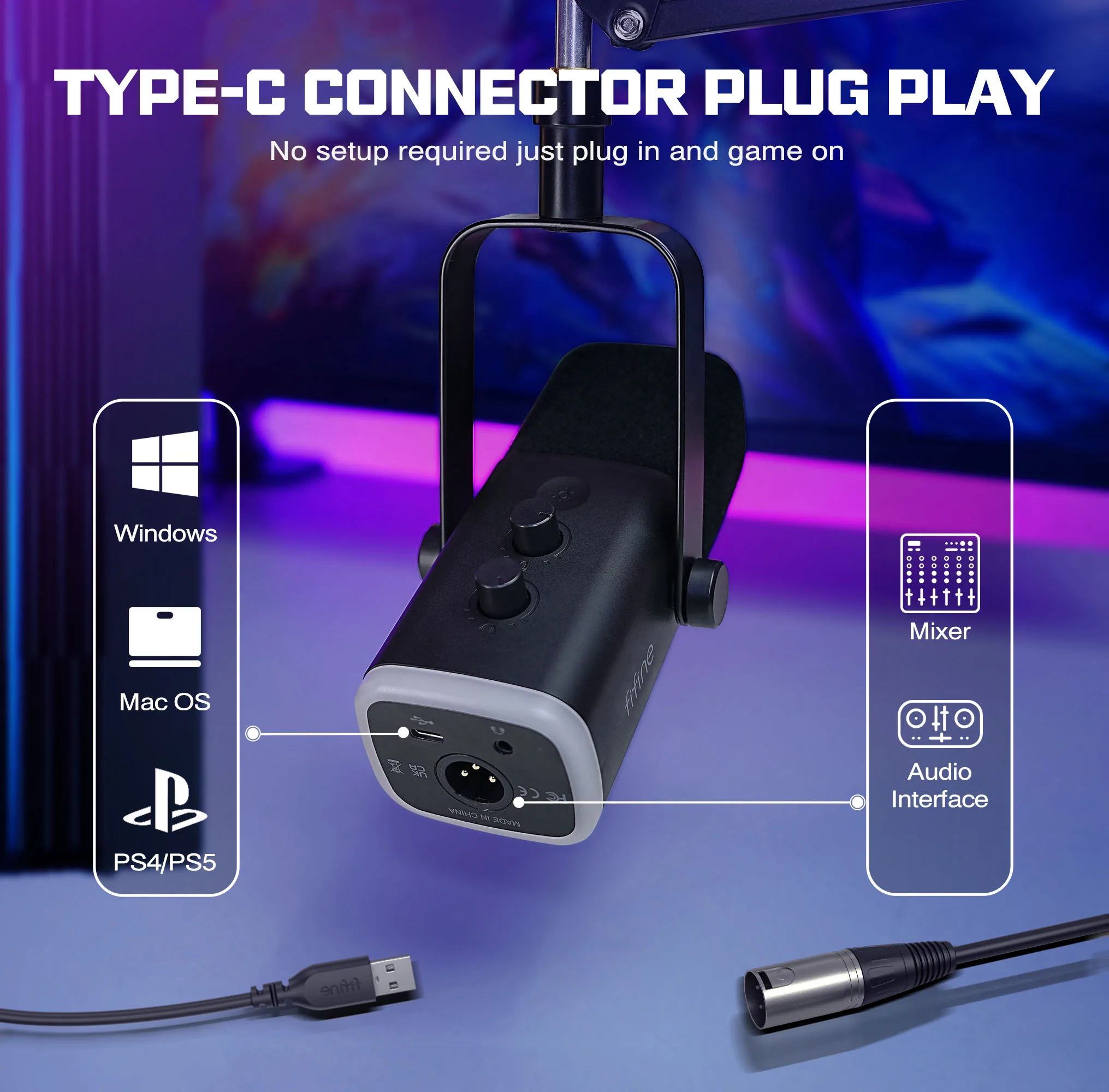 Fifine AM8 Desktop Dynamic Microphone Live Streaming Mic USB Professional Audio Microphone RGB USB Gaming Microphone XLR