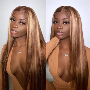 Belle 30-Inch Long Straight Lace Frontal Wigs 13X4 Transparent Lace Highlighted 10A Remy Human Hair Piano Color