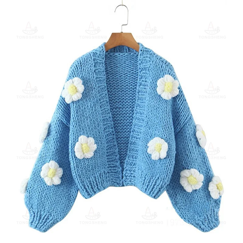 Hand Knit Blue Chunky Daisy Floral Cropped popular Cardigan Sweater S/M