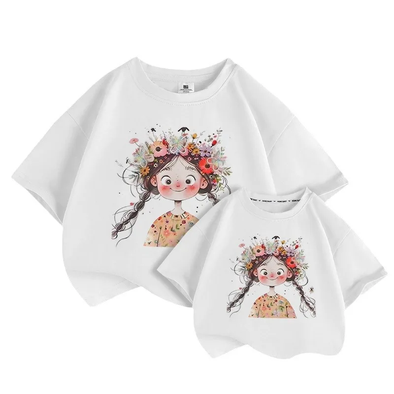 Girls Short-Sleeved 2025 Summer New Women's Baby Children's Korean Hundred  With Round Neck Blouse Cartoon Butterfly T-Shirt
