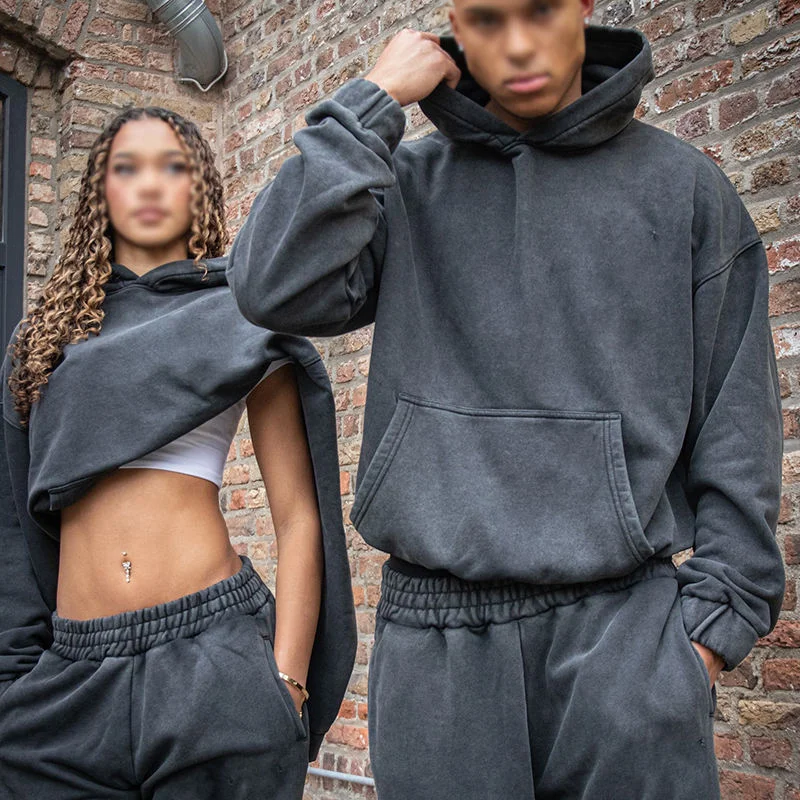 OEM Custom Embroidery Tracksuit Men and Woman Streetwear Plain Washed Pullover Hoodie and Sweatpants Set French Terry Sweatsuit gallery 8