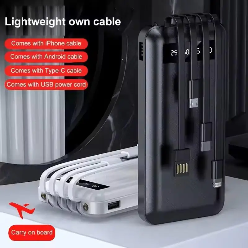 3 in 1 Mini Power Bank 20000 Mah Slim Portable Charger Power Bank with Charging Built in Cable Plug for Smartphone Phone Holder