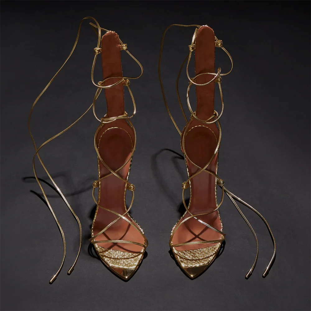 Gladiator Ankle Strap Lace up High Heels Pointed Toe Heeled Sandals for Women