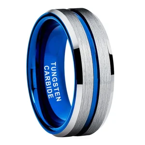 Coolstyle Jewelry 8mm Blue Tungsten Ring for Men Women Wholesale Fashion Engagement Wedding Band Two Tone Beveled Comfort Fit
