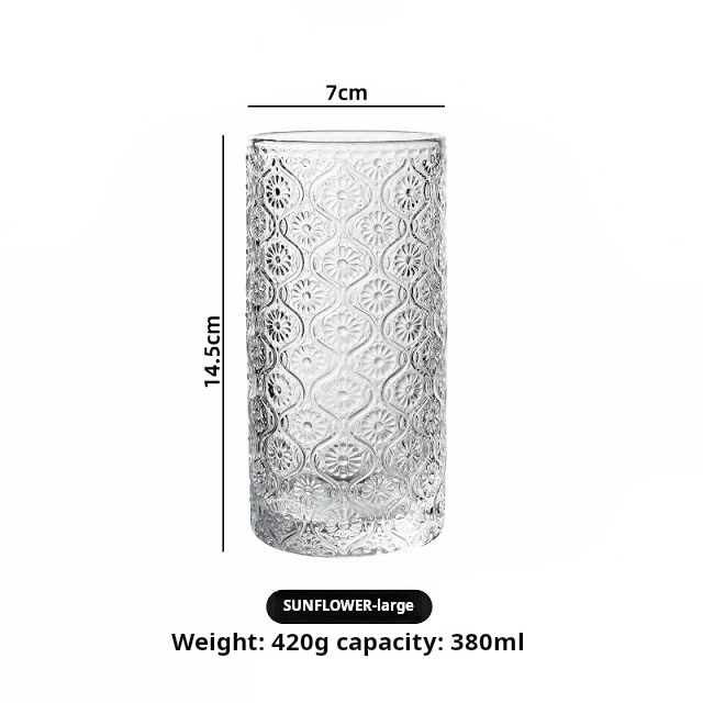 Kitchen Drinking Glasses with Embossed Style Vintage Ribbed Glassware for Iced Coffee Glass Tumbler 380ML