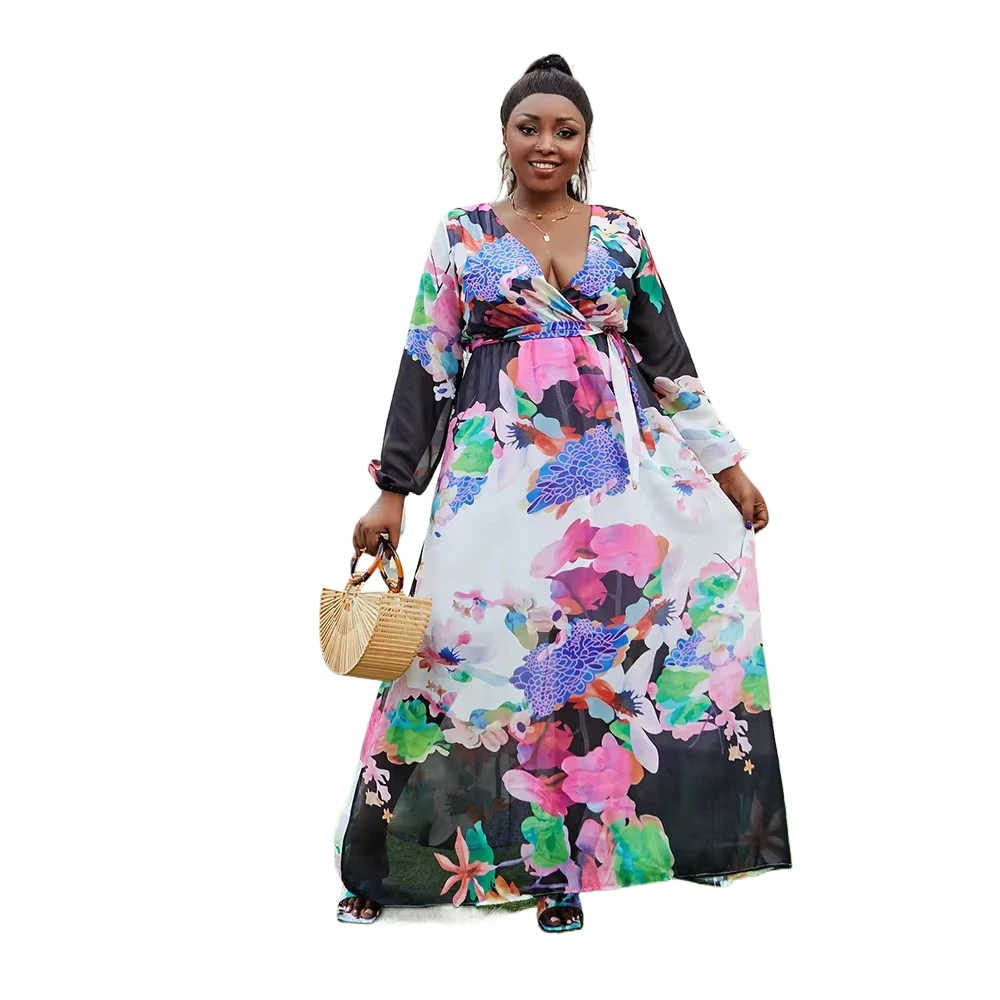 Summer Women's Chiffon Deep V-Neck Stripe Printed Maxi Dress Unique Loose Plus Size Long Sleeve Boho Dresses High Waist Summer Women's Chiffon Deep V-Neck Stripe Printed Maxi Dress Unique Loose Plus Size Long Sleeve Boho Dresses High Waist