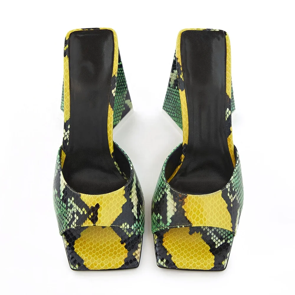 Trendy Evening Party Square Toe Chunky Slippers Pyramid Heel Summer Mules Sky Blue High Heels Sandals for Women
