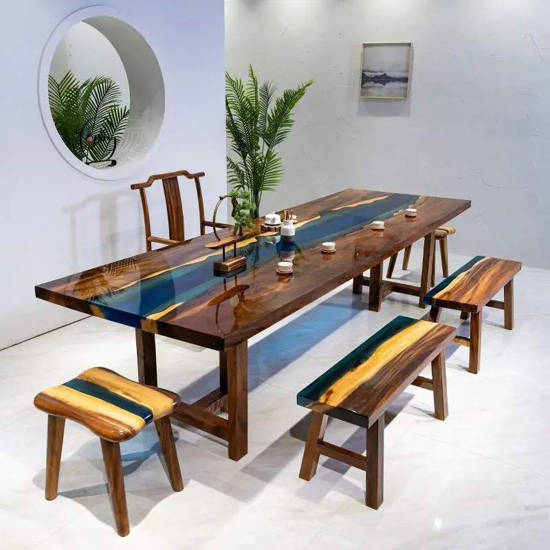 Wooden and Bench Chair Set Resin 6 Seater Epoxy Sea Design Dining Table