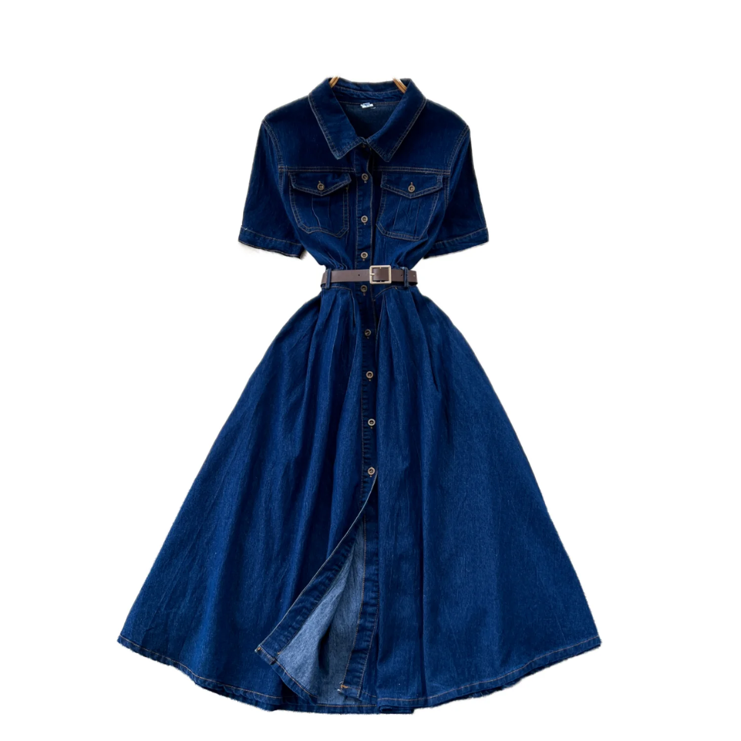 Women's Vintage Summer Midi Dress Turn-Down Collar Tunic Shirt Xs Breathable Sustainable Empire Denim Washable Casual Elegant