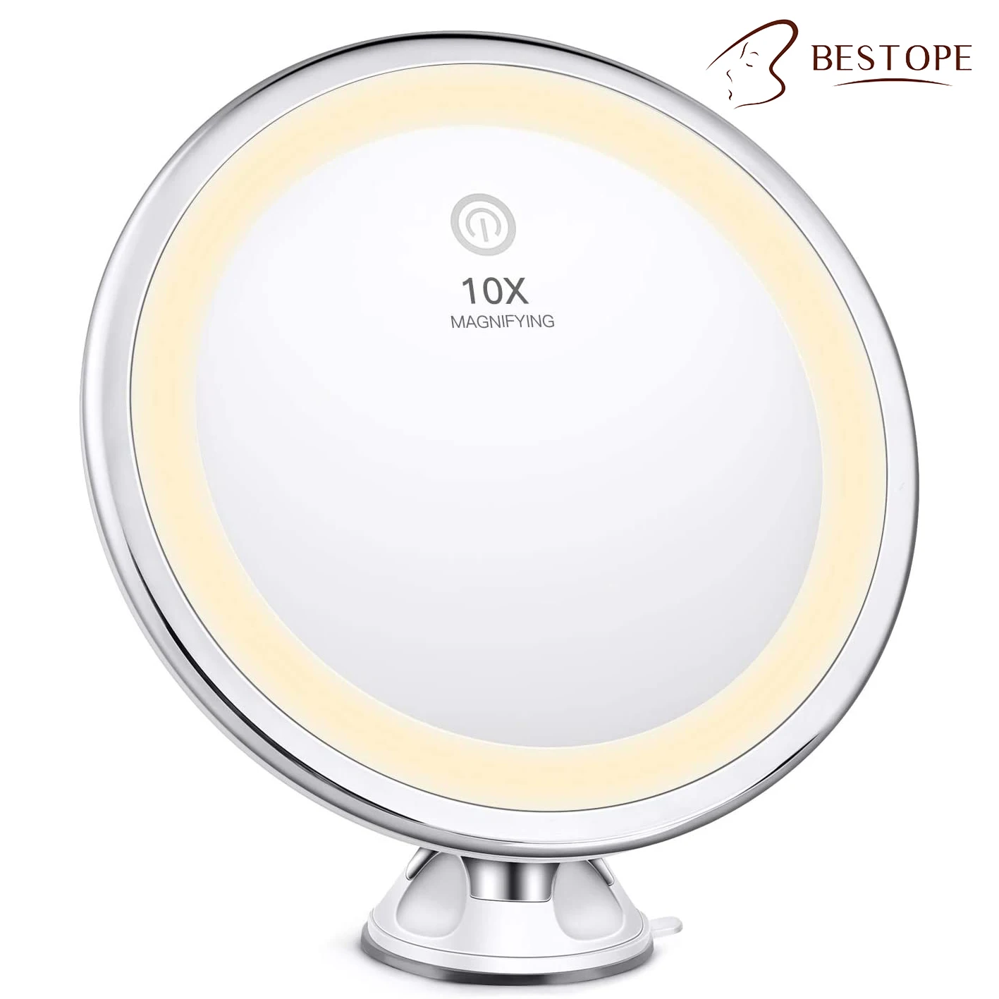 Bestope  3 Color Lighting Modes Intelligent Touch 360 Degree Rotation Bathroom LED Suction Cup Mirror 10X  Light Mirror Makeup