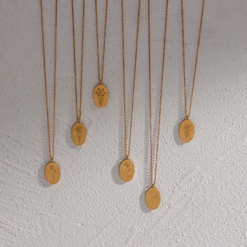 2023 New Tarnish Free Irregular Personality 12 Months Flower Pendant Necklace Stainless Steel Gold Plated Birthstone Necklaces