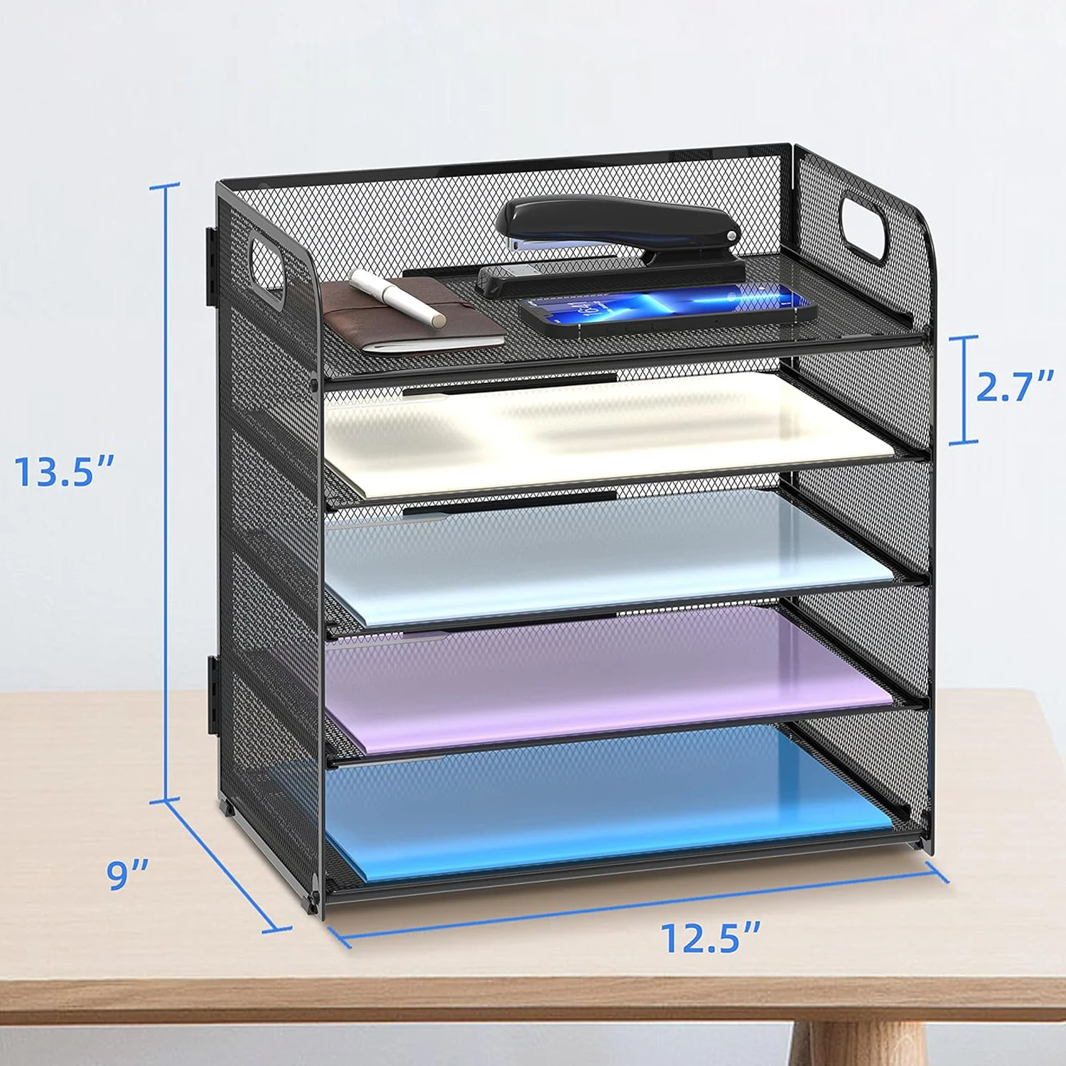 Manufacture Modern Multifunction Metal Mesh Desk File Letter Organizer Rack Handle 5-Tray Paper Sorter Office Home School
