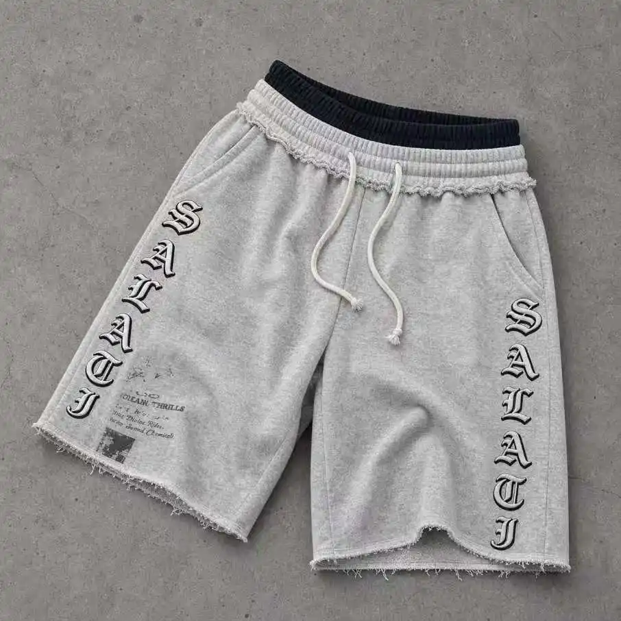 Wholesale Washed Cotton Terry Drawstring Shorts Raw Hem Baggy Streetwear Summer Embroidered Letter Fashion Men Sweat Shorts gallery 3