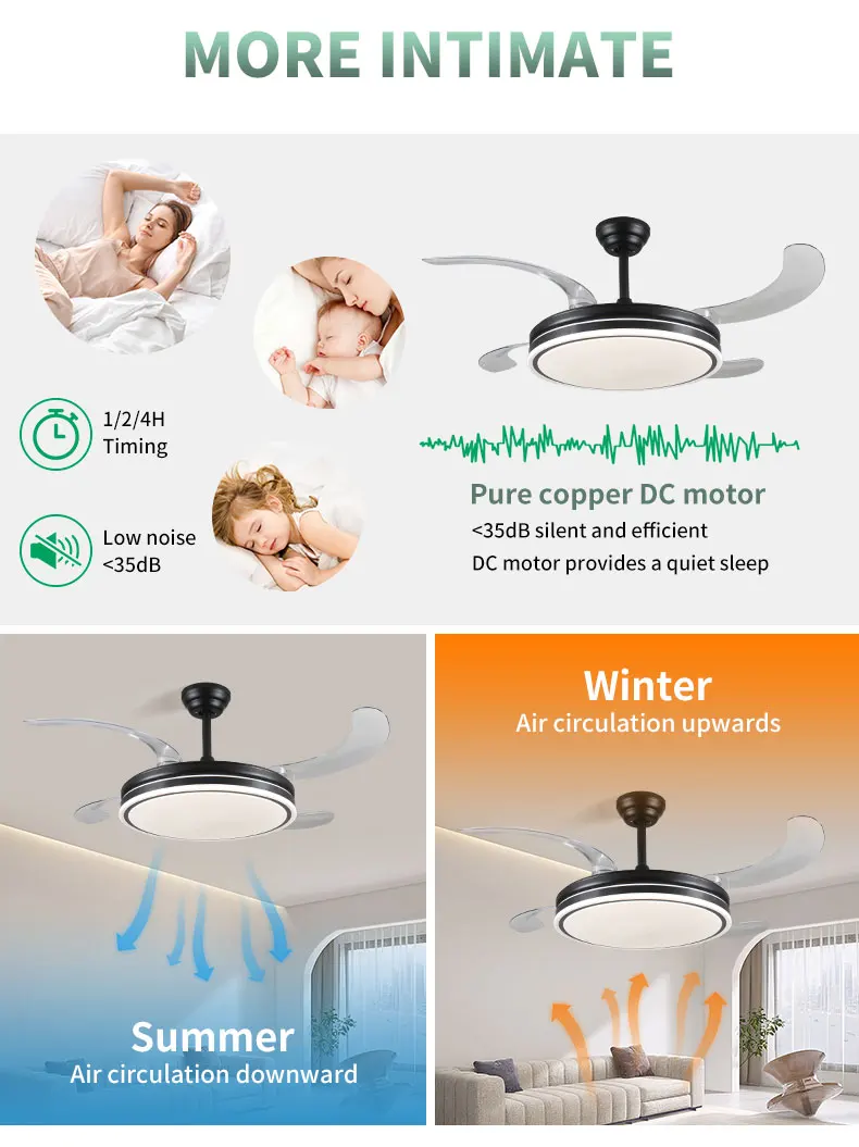 HC732 Home Smart Remote Control 42 Inches Black Design Invisible Ceiling Led Chandelier Lamp with Fan