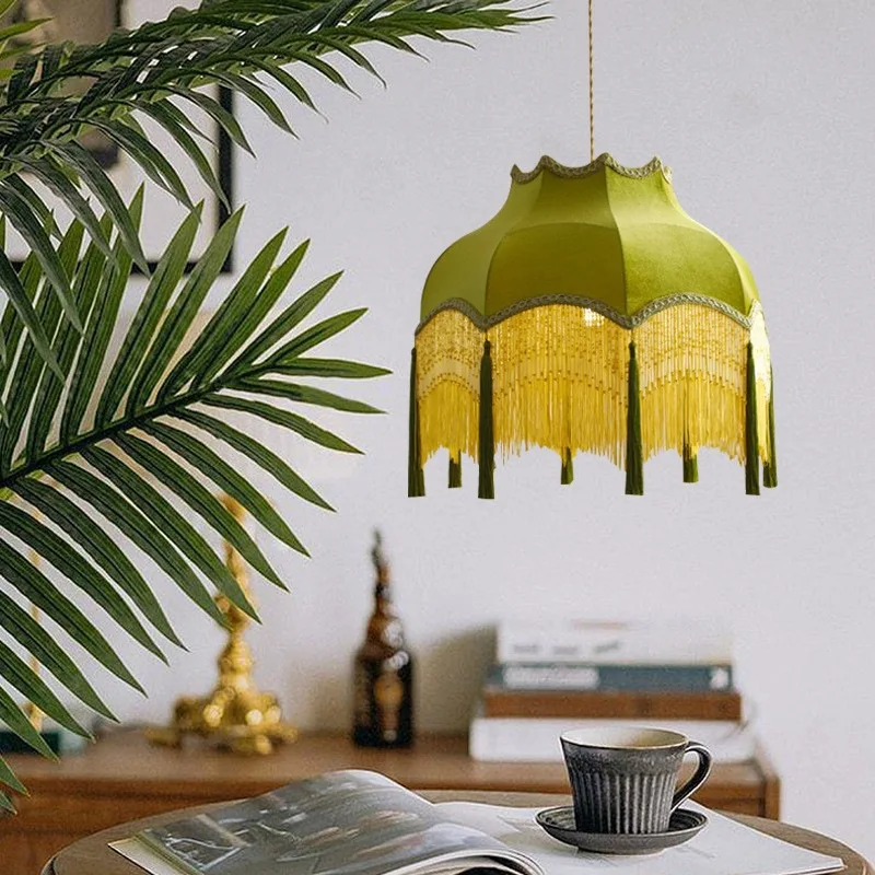 Retro Court Style Handmade Linen Tassels Pendant Lamp Hanging Fabric Lamp Shade for Home