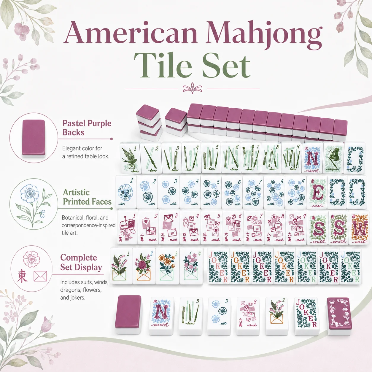 Vintage Letter Floral Printed Luxury Modern Portable Mahjong Set for 4 Players Custom Surface Art Indoor Leisure Table Game Kit
