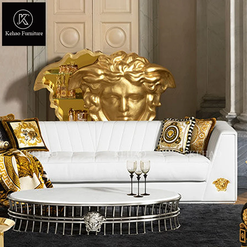 Modern Luxury Middle Center Table With Medusa logo Gold Stainless Steel Base Round Marble Top Coffee Table