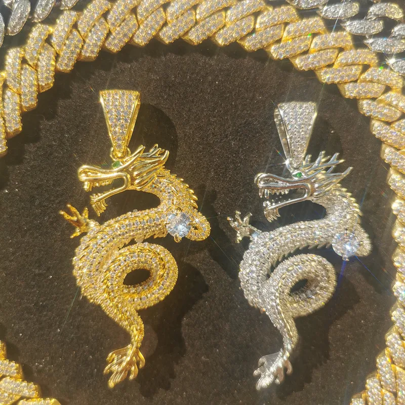 Lucky Symbol Hip Hop Micro Paved CZ Stone Bling Iced Out Oriental Dragon Shenlong Pendants Necklaces for Men Rapper Jewelry
