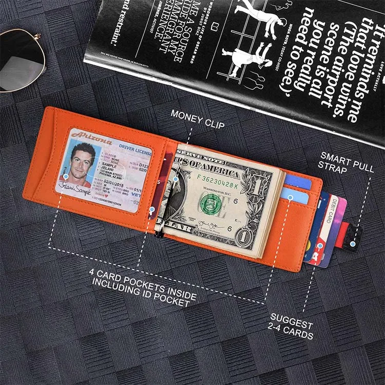 Money Clip Card Holder With Pull Strap