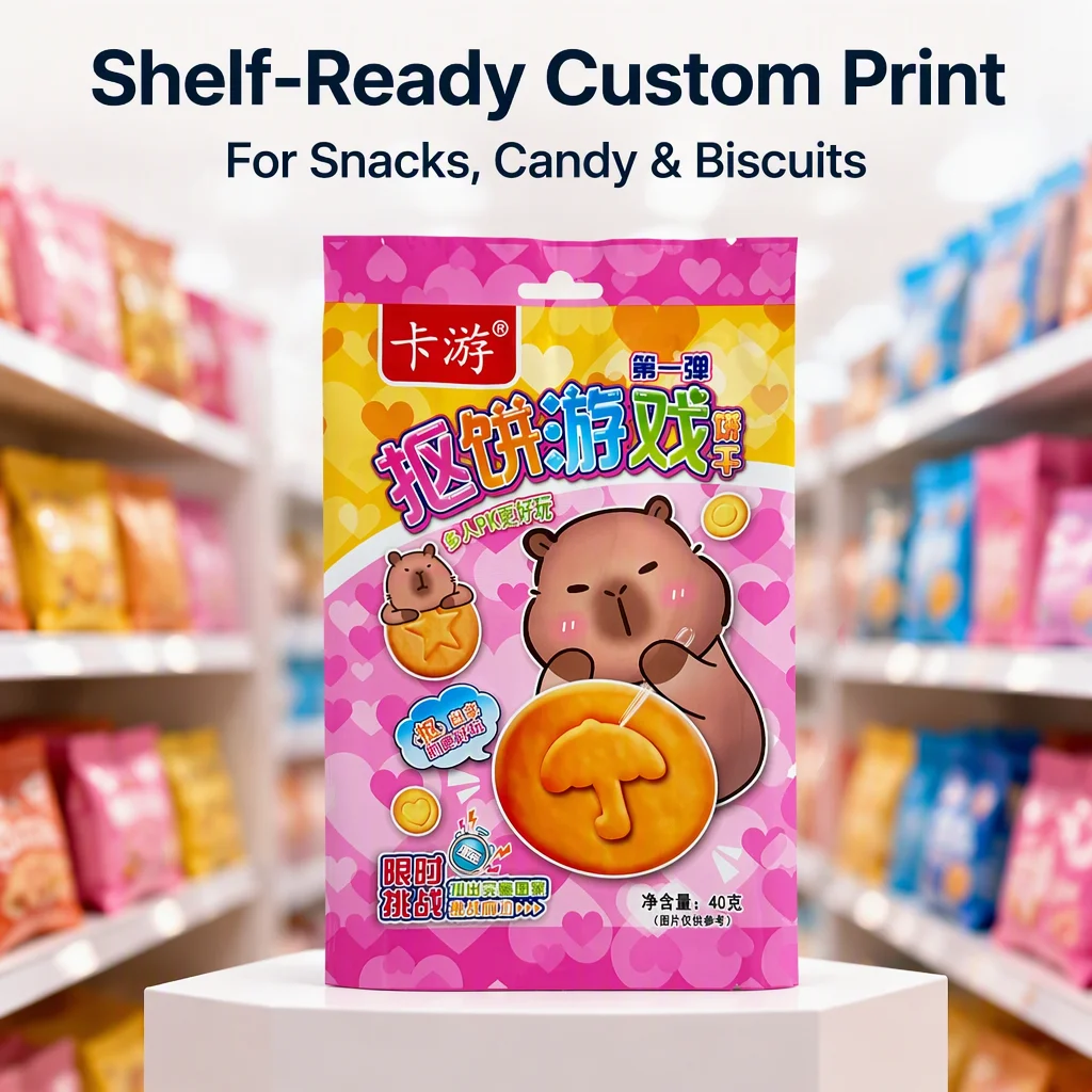Custom Back Seal Bag Heat Seal Food Grade Gravure Printing for Snacks Sugar Gummy Candy Biscuits Cracker