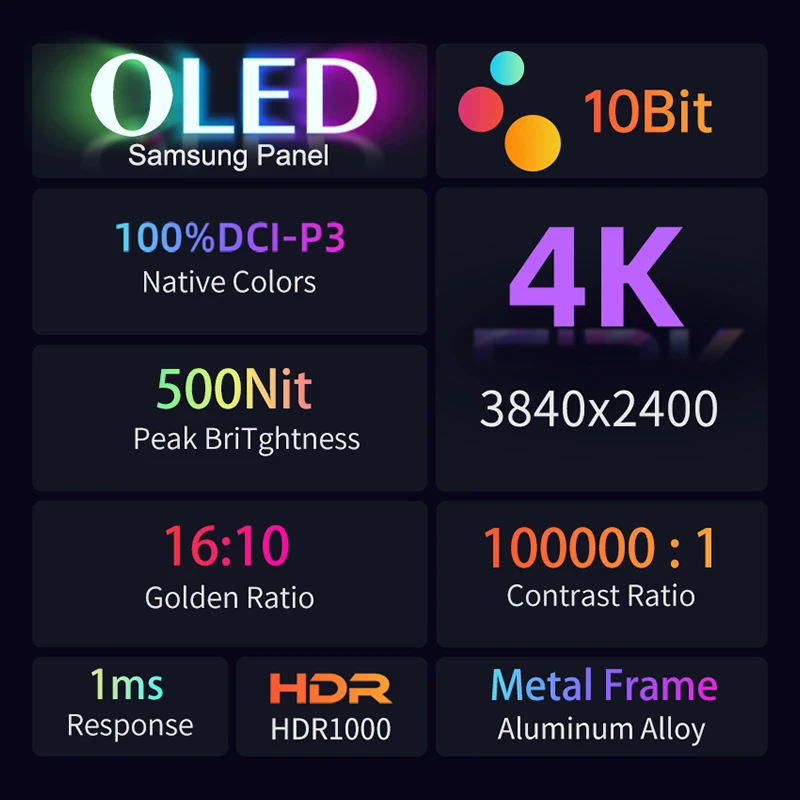 16'' AMOLED Display 16:10 Aspect Ratio UHD 3840x2400p 500nits Aluminum Alloy Material with All in One Stand Portable Monitor