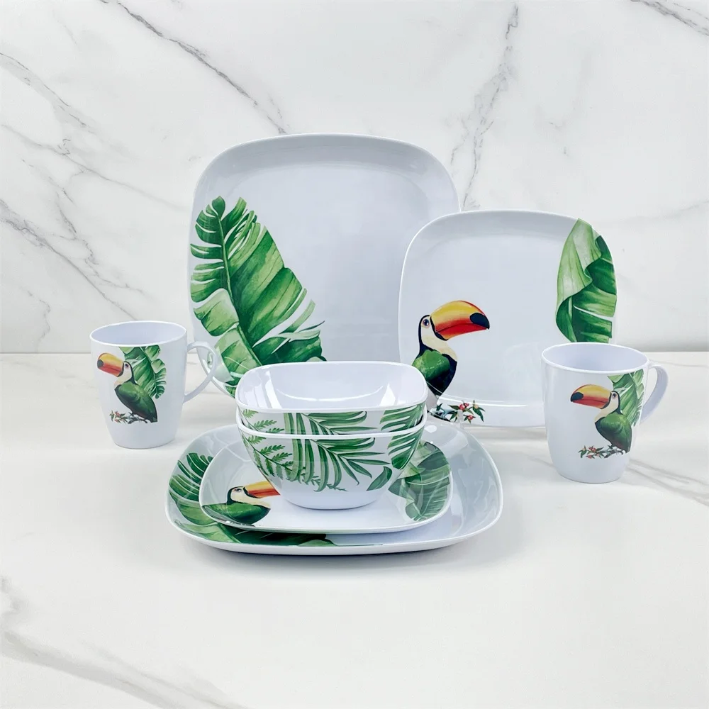 New Design Spring Leaf Toucan Custom logo Fine Melamine Dinnerware Set Luxury 16pcs Melamine Plate Bowl Mug Tableware Sets