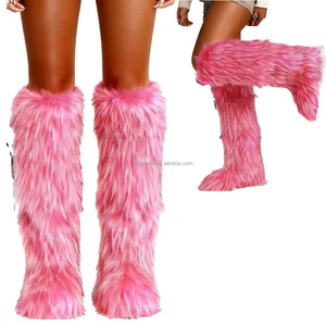 BUSY GIRL RS9253 Women's Pink Faux Fur Knee-High Boots Warm Winter Custom logo Labels for Women Boots Faux Fur Boots for Women