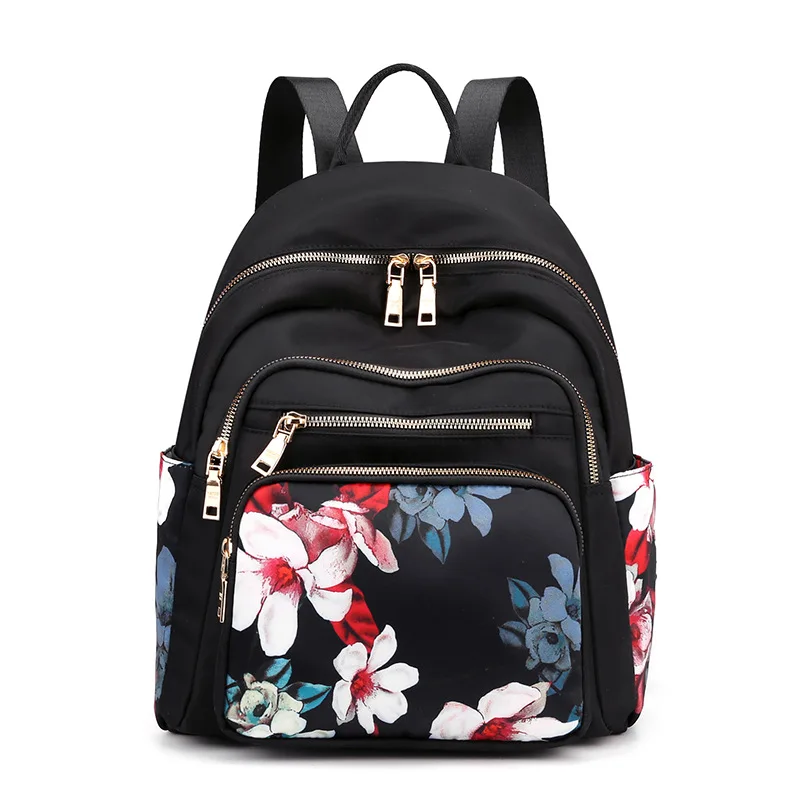 Go-done Women's Fashion Backpack - Black Floral Embroidered Nylon Travel Daypack, Medium Size