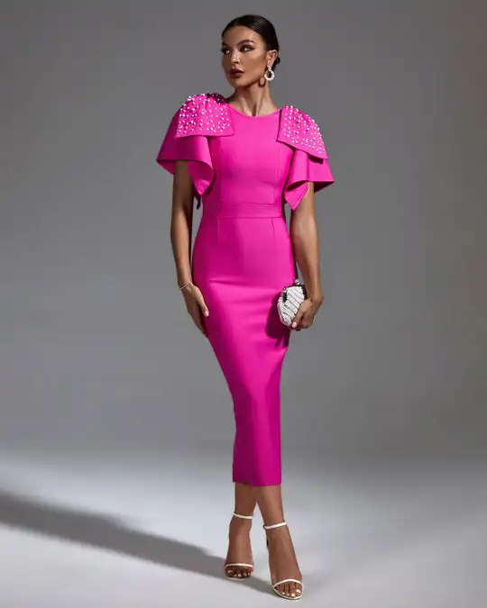 Ocstrade Wholesale Short Sleeves Pink Bandage Dress Vestido Beaded ...