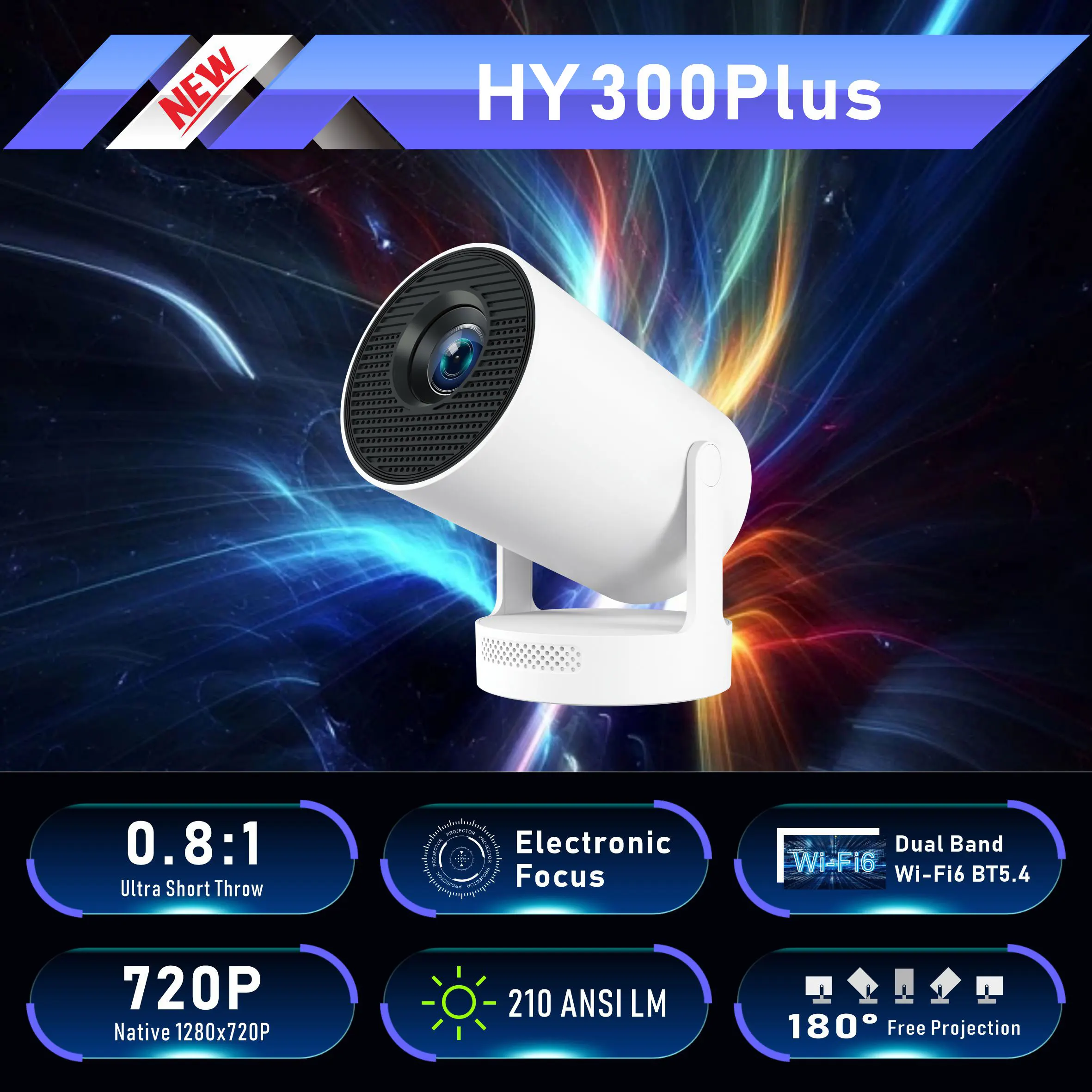 HY300 PLUS 720P Projector with Wifi 6 Android 11 OS 210ANSI LM HIFI Audio Speaker Base Outdoor Home Cinema Short Throw Projector