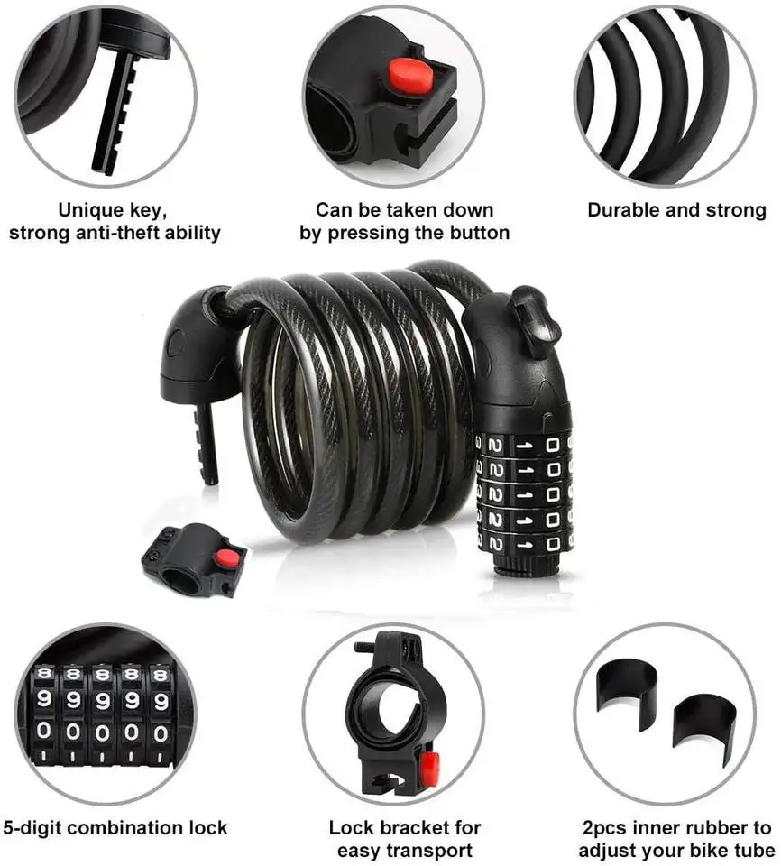 Portable 5 Digit Password Lock for Bike and Electric Scooter Accessories Bicycle Steel Cable Lock Burglarproof Bike Lock