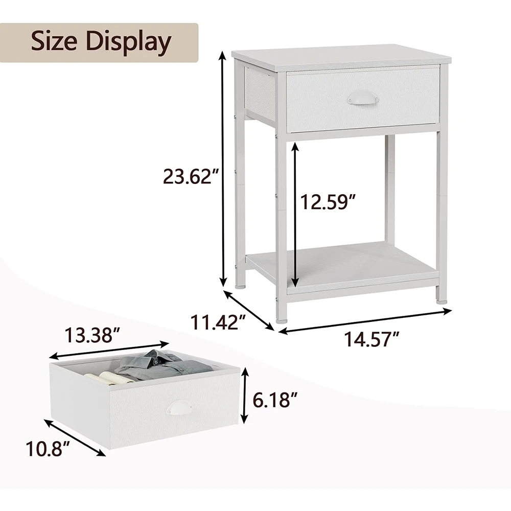 product white modern woodenmetal nightstand with fabric drawer small side table for dorm  home 2 tier storage shelves-1