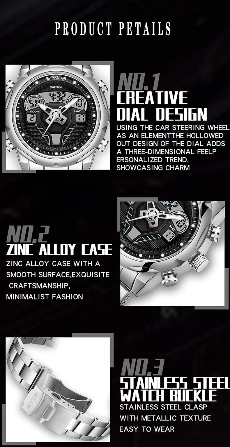Sanda 9022 Outdoor Fashionable Luminous Waterproof Alarm Clock Electronic watch for men