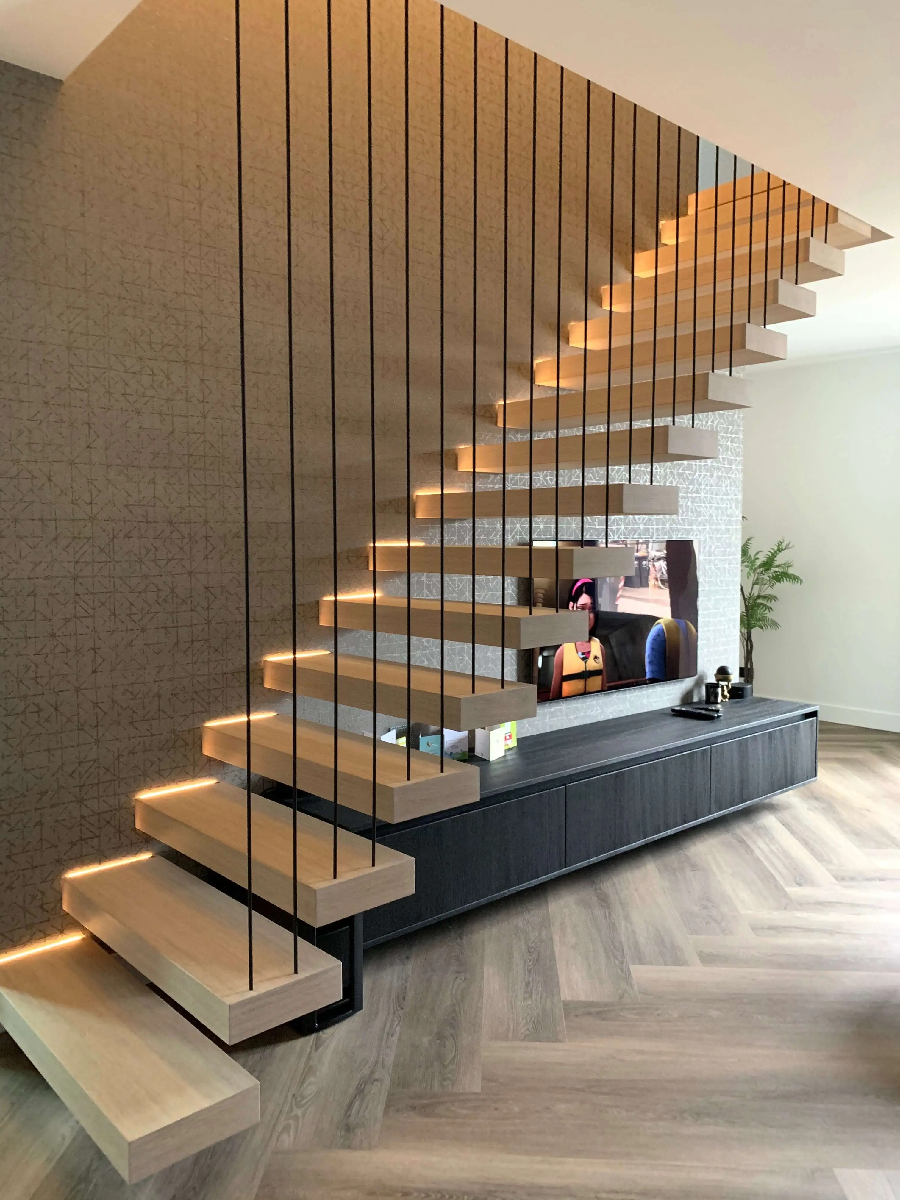 LED Light Automatic System Indoor Straight Floating Staircase Modern Carbon Steel Safety 12mm Tempered Glass Open Riser Stairs