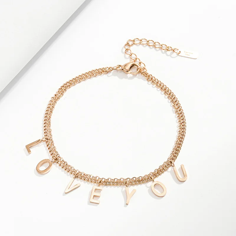 Latest Model 18k Rose Gold Plated Double Stainless Steel Chain Love Charm Design Hotwife Anklet Bracelets
