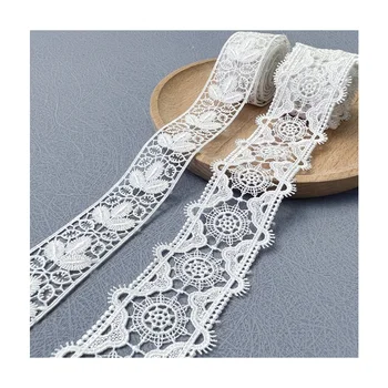 Double symmetrical design water soluble embroidery lace embellished polyester fabric white embroidered lace