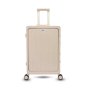 Unisex Front Open Pocket Luggage PC Material Spinner Caster Suitcase with USB Charging Cup Holder Carry-On Size