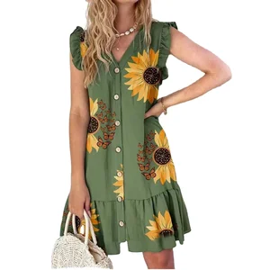 Lady's Summer Floral Printed Boho Dress Casual Short Sleeve V-Neck Skirt Lapel Button Natural Waistline Europe Vacation Style