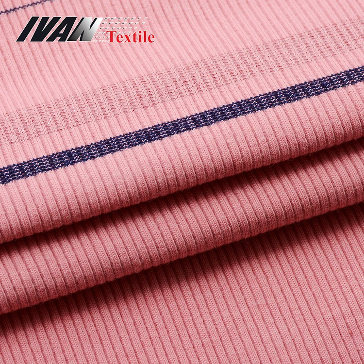 Пряжа окрашенная 26S полоса вязать CVC двойной трикотаж 2x2 ребристая эластичная ткань с люрексом
