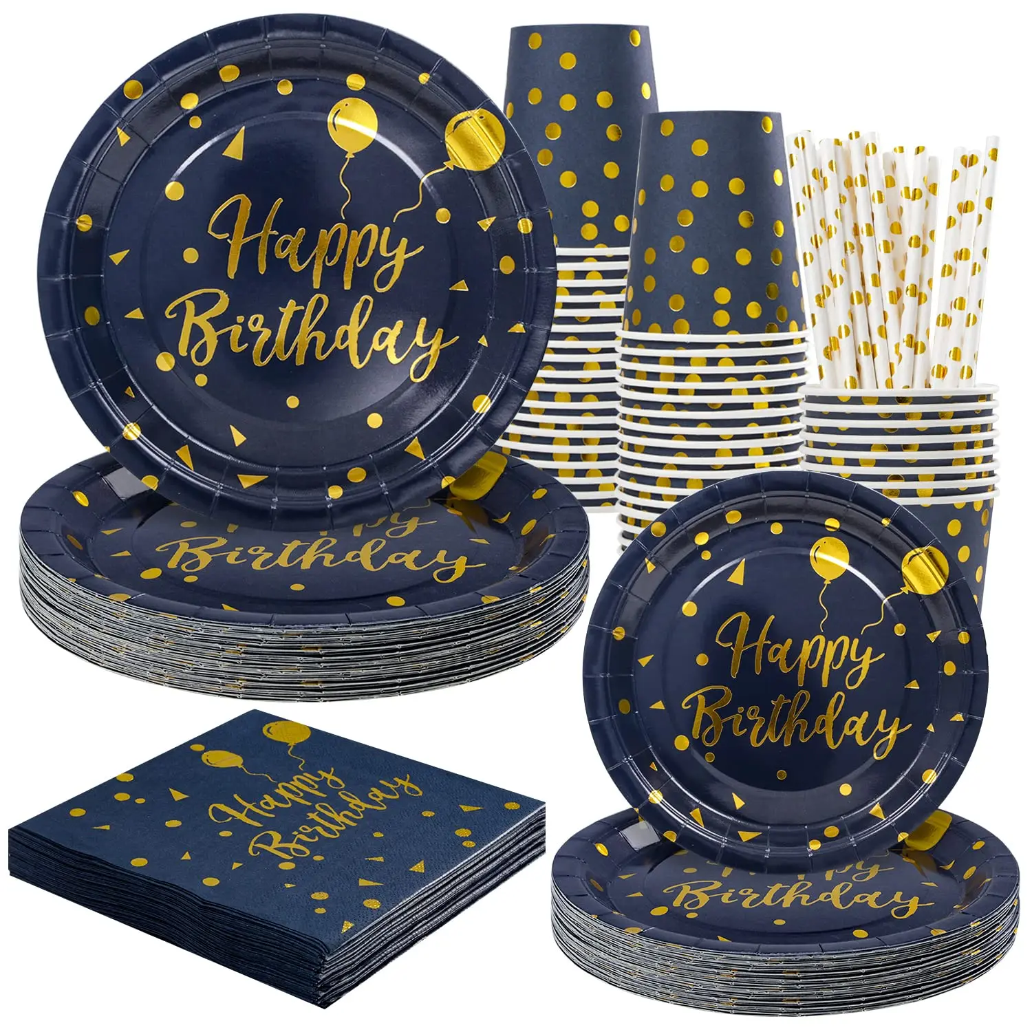 Piatti di carta di buon compleanno blu navy e blu ecologici