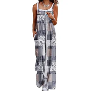Bohemian Women's Floral Print Romper Loose Fit Wide Leg Jumpsuit with Side Pockets Knitted Breathable Casual Style for Summer