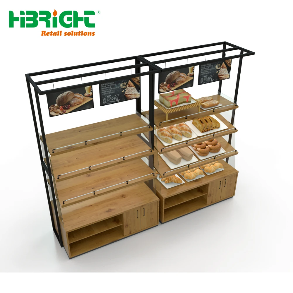 業務用ブレッドラック、金属と木製の展示棚、カスタマイズロゴ対応