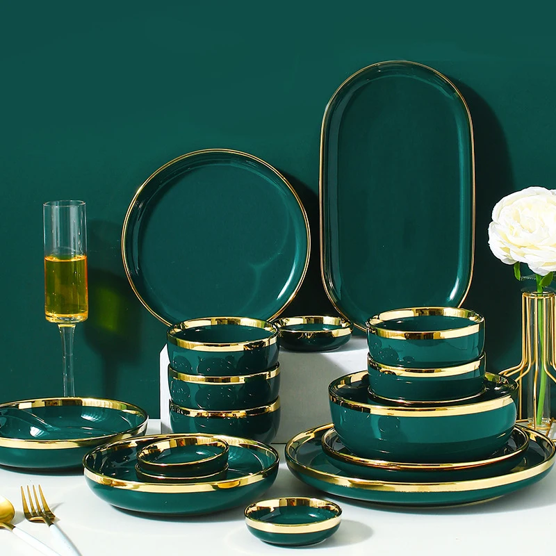 Ceramic Dinner Plates Dinnerware Set Dishes Luxury Green Food Salad